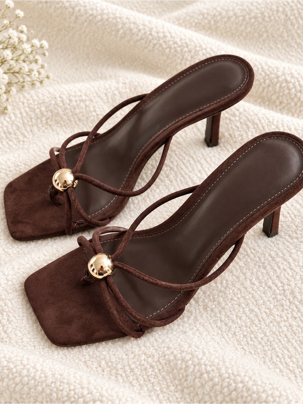 Dolce Vita Chocolate Brown Suede Strappy Mid-Heel Sandals with Gold Accent
